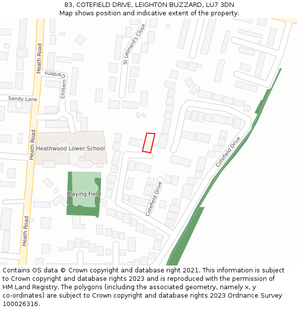 83, COTEFIELD DRIVE, LEIGHTON BUZZARD, LU7 3DN: Location map and indicative extent of plot