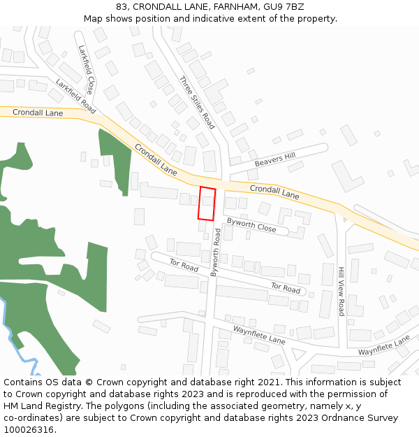 83, CRONDALL LANE, FARNHAM, GU9 7BZ: Location map and indicative extent of plot