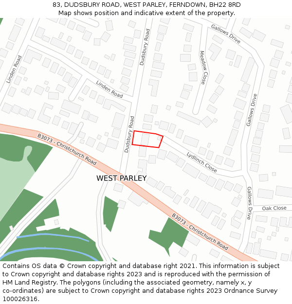 83, DUDSBURY ROAD, WEST PARLEY, FERNDOWN, BH22 8RD: Location map and indicative extent of plot