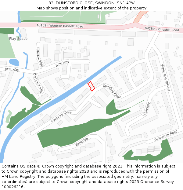 83, DUNSFORD CLOSE, SWINDON, SN1 4PW: Location map and indicative extent of plot