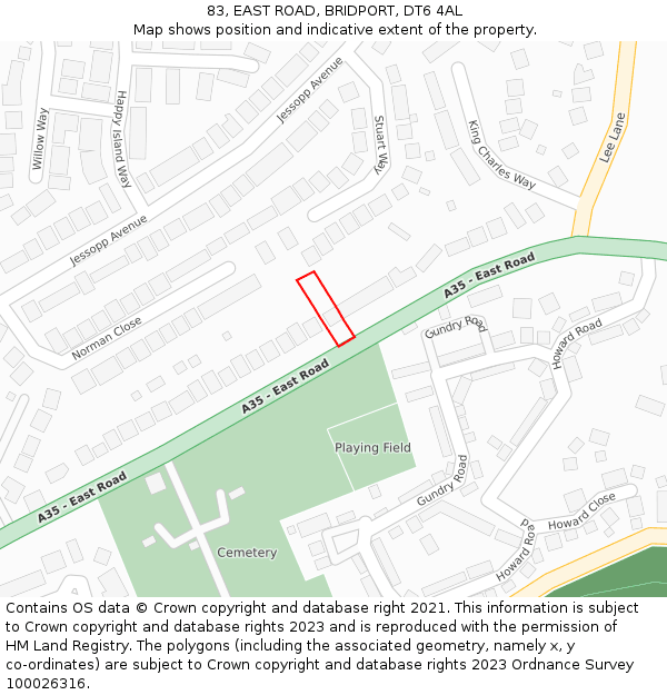 83, EAST ROAD, BRIDPORT, DT6 4AL: Location map and indicative extent of plot