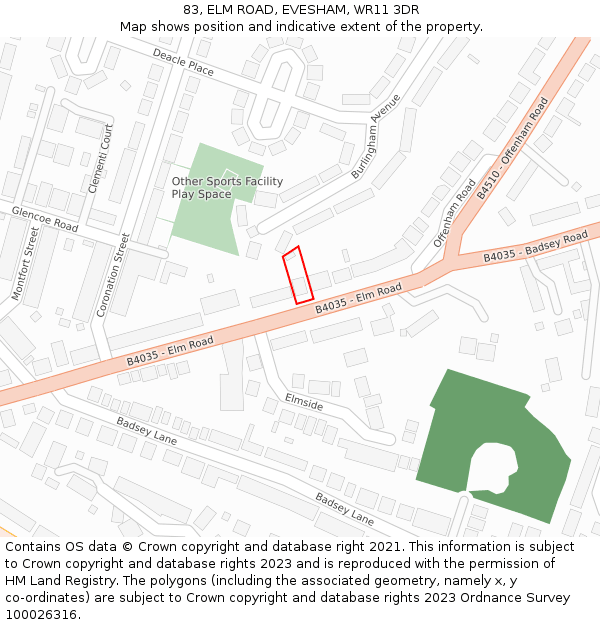 83, ELM ROAD, EVESHAM, WR11 3DR: Location map and indicative extent of plot