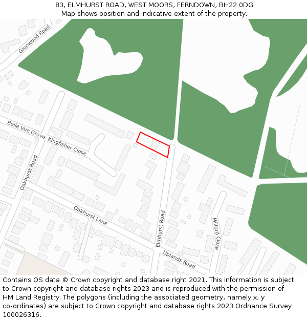 83, ELMHURST ROAD, WEST MOORS, FERNDOWN, BH22 0DG: Location map and indicative extent of plot
