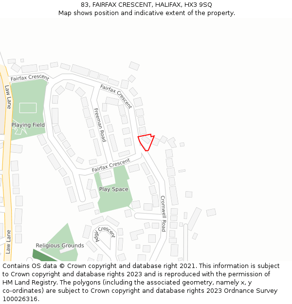 83, FAIRFAX CRESCENT, HALIFAX, HX3 9SQ: Location map and indicative extent of plot