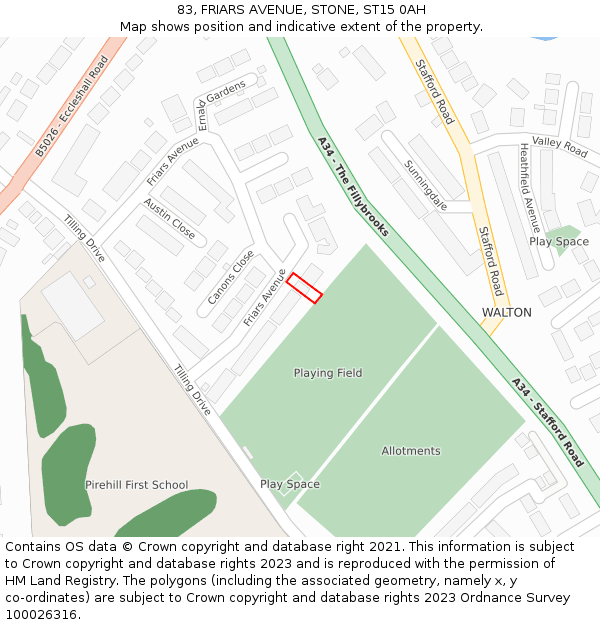 83, FRIARS AVENUE, STONE, ST15 0AH: Location map and indicative extent of plot