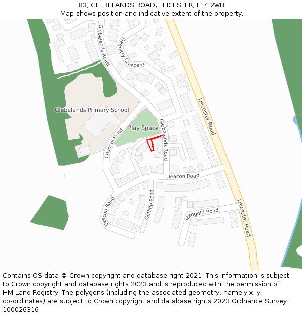 83, GLEBELANDS ROAD, LEICESTER, LE4 2WB: Location map and indicative extent of plot