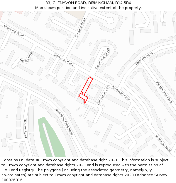 83, GLENAVON ROAD, BIRMINGHAM, B14 5BX: Location map and indicative extent of plot