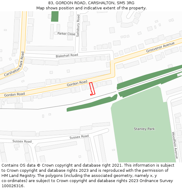 83, GORDON ROAD, CARSHALTON, SM5 3RG: Location map and indicative extent of plot