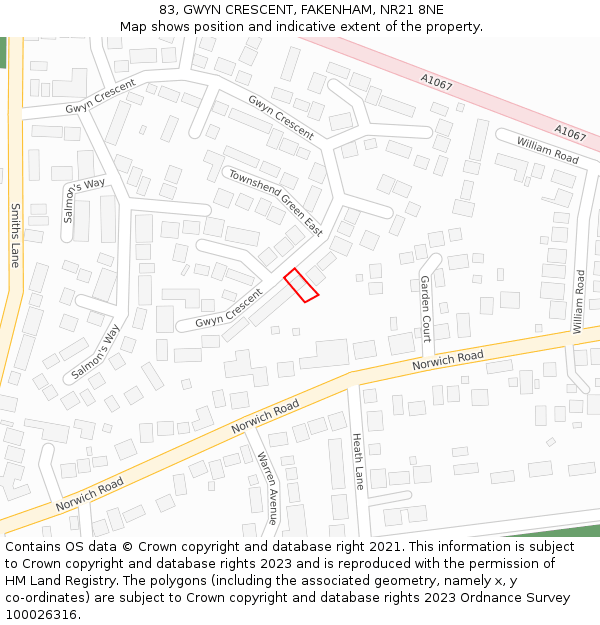 83, GWYN CRESCENT, FAKENHAM, NR21 8NE: Location map and indicative extent of plot