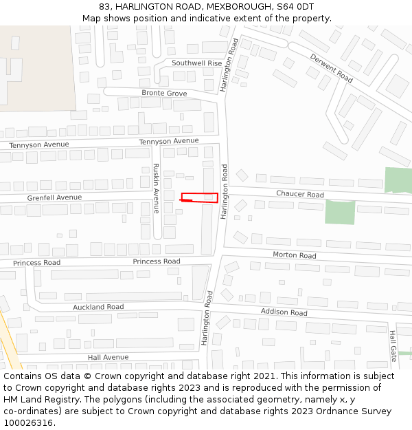 83, HARLINGTON ROAD, MEXBOROUGH, S64 0DT: Location map and indicative extent of plot