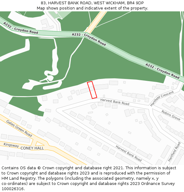 83, HARVEST BANK ROAD, WEST WICKHAM, BR4 9DP: Location map and indicative extent of plot