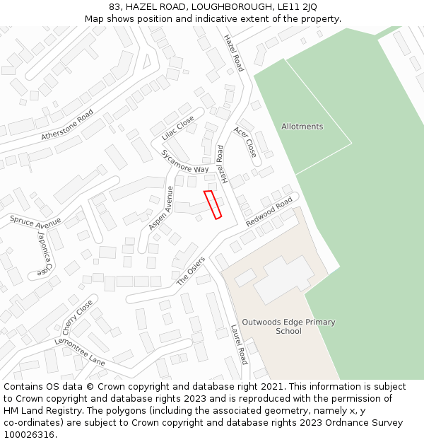 83, HAZEL ROAD, LOUGHBOROUGH, LE11 2JQ: Location map and indicative extent of plot