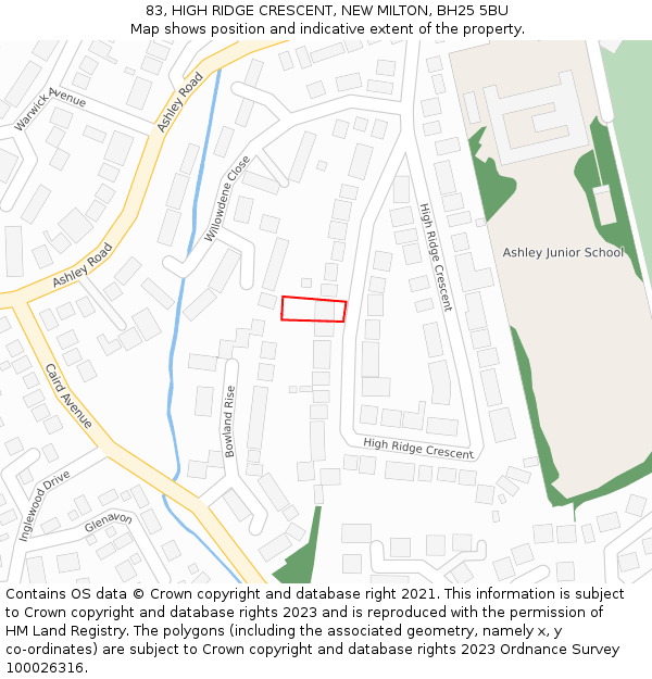 83, HIGH RIDGE CRESCENT, NEW MILTON, BH25 5BU: Location map and indicative extent of plot