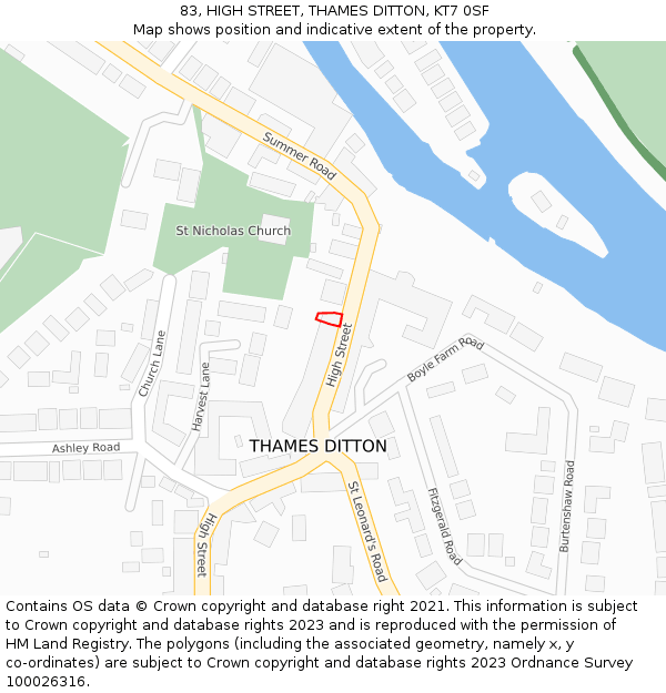 83, HIGH STREET, THAMES DITTON, KT7 0SF: Location map and indicative extent of plot