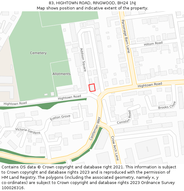 83, HIGHTOWN ROAD, RINGWOOD, BH24 1NJ: Location map and indicative extent of plot