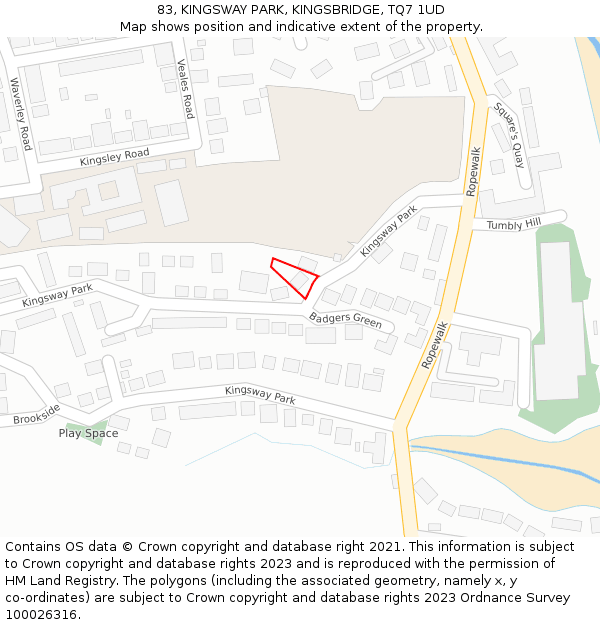 83, KINGSWAY PARK, KINGSBRIDGE, TQ7 1UD: Location map and indicative extent of plot