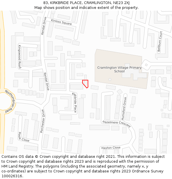 83, KIRKBRIDE PLACE, CRAMLINGTON, NE23 2XJ: Location map and indicative extent of plot