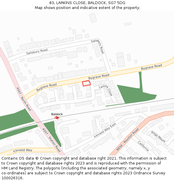 83, LARKINS CLOSE, BALDOCK, SG7 5DG: Location map and indicative extent of plot