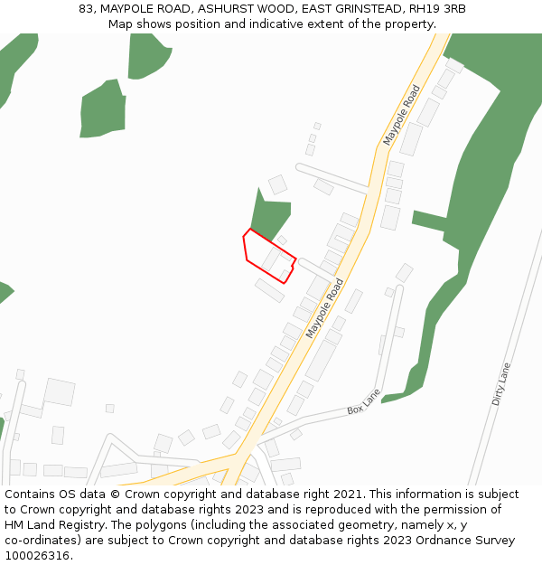 83, MAYPOLE ROAD, ASHURST WOOD, EAST GRINSTEAD, RH19 3RB: Location map and indicative extent of plot