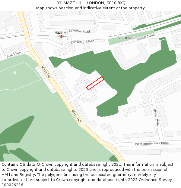 83, MAZE HILL, LONDON, SE10 8XQ: Location map and indicative extent of plot