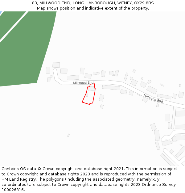 83, MILLWOOD END, LONG HANBOROUGH, WITNEY, OX29 8BS: Location map and indicative extent of plot