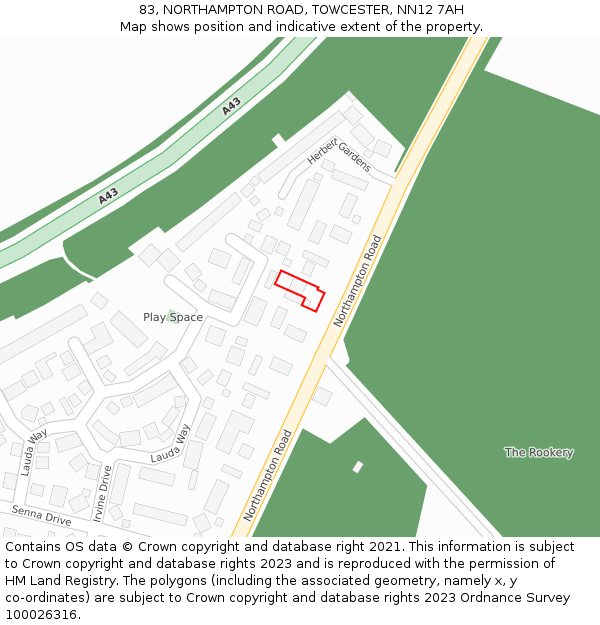 83, NORTHAMPTON ROAD, TOWCESTER, NN12 7AH: Location map and indicative extent of plot