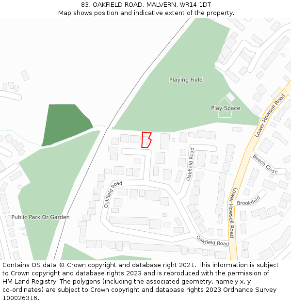 83, OAKFIELD ROAD, MALVERN, WR14 1DT: Location map and indicative extent of plot