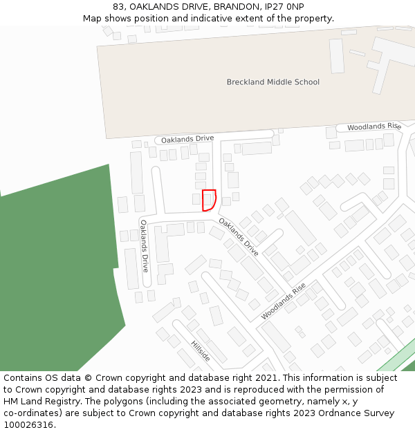 83, OAKLANDS DRIVE, BRANDON, IP27 0NP: Location map and indicative extent of plot