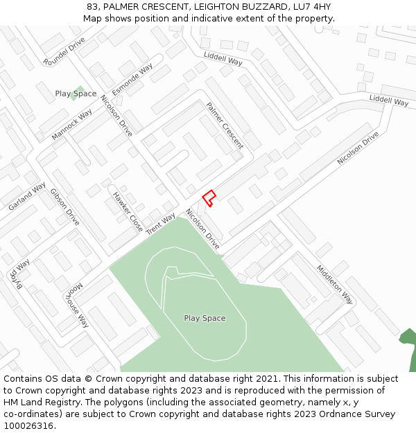 83, PALMER CRESCENT, LEIGHTON BUZZARD, LU7 4HY: Location map and indicative extent of plot