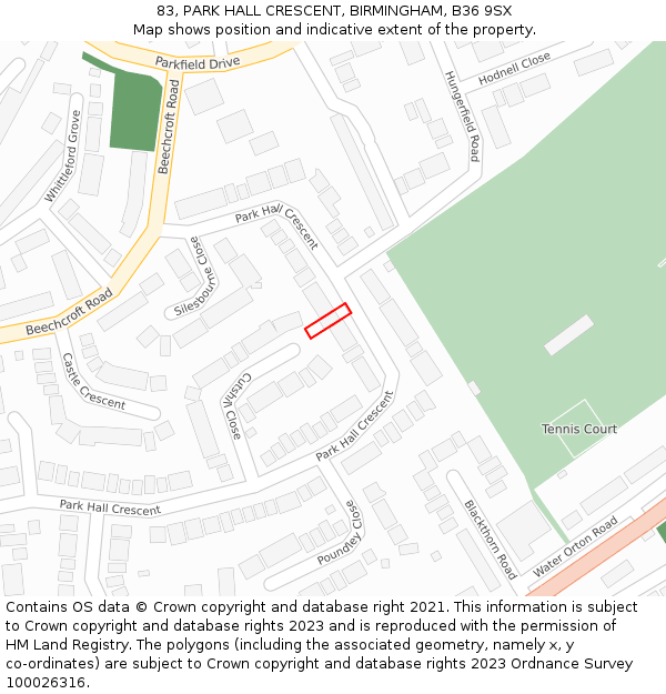 83, PARK HALL CRESCENT, BIRMINGHAM, B36 9SX: Location map and indicative extent of plot