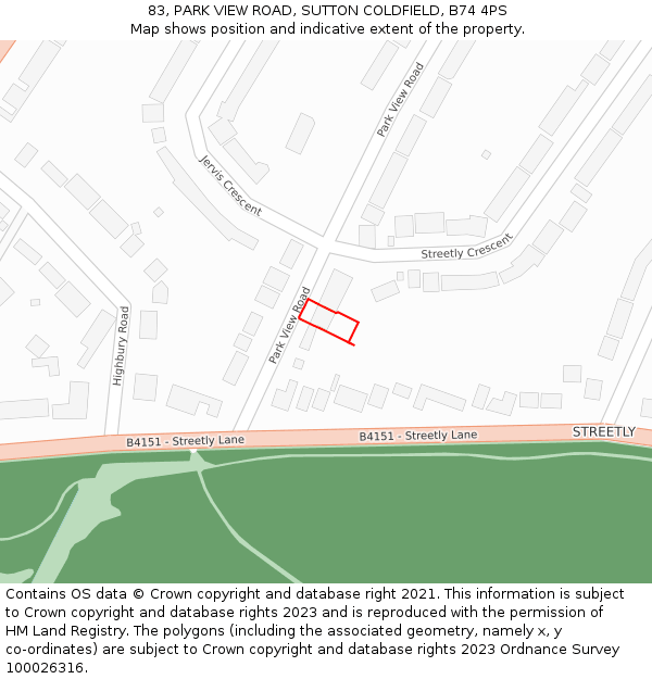 83, PARK VIEW ROAD, SUTTON COLDFIELD, B74 4PS: Location map and indicative extent of plot