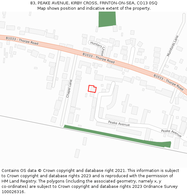 83, PEAKE AVENUE, KIRBY CROSS, FRINTON-ON-SEA, CO13 0SQ: Location map and indicative extent of plot