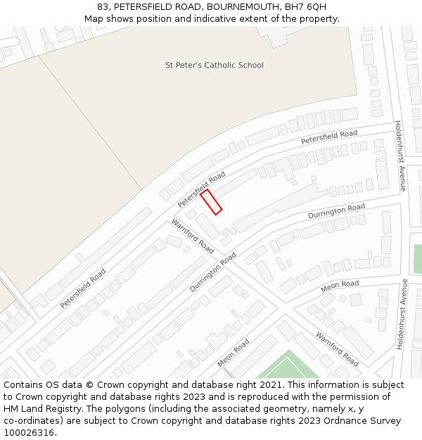 83, PETERSFIELD ROAD, BOURNEMOUTH, BH7 6QH: Location map and indicative extent of plot