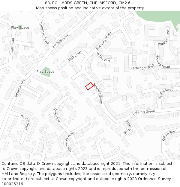 83, POLLARDS GREEN, CHELMSFORD, CM2 6UL: Location map and indicative extent of plot