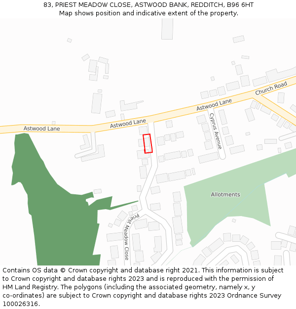83, PRIEST MEADOW CLOSE, ASTWOOD BANK, REDDITCH, B96 6HT: Location map and indicative extent of plot