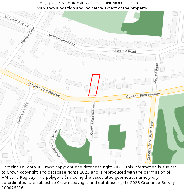 83, QUEENS PARK AVENUE, BOURNEMOUTH, BH8 9LJ: Location map and indicative extent of plot