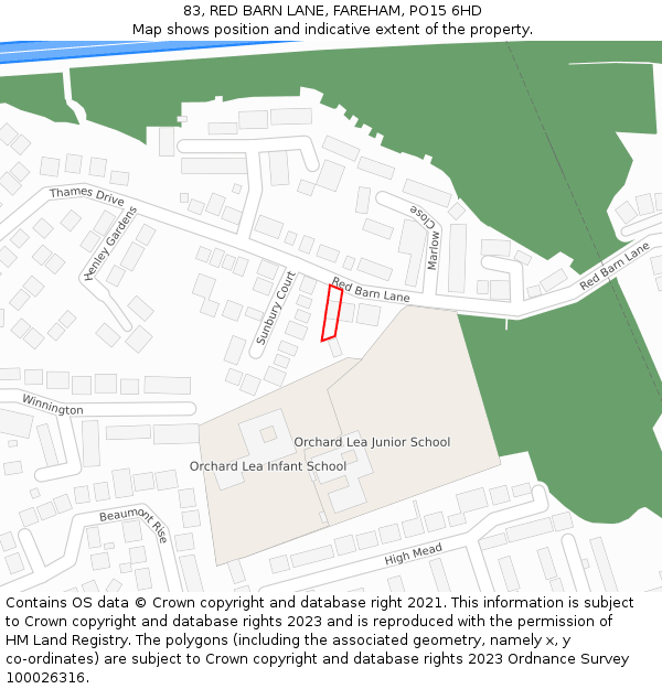 83, RED BARN LANE, FAREHAM, PO15 6HD: Location map and indicative extent of plot