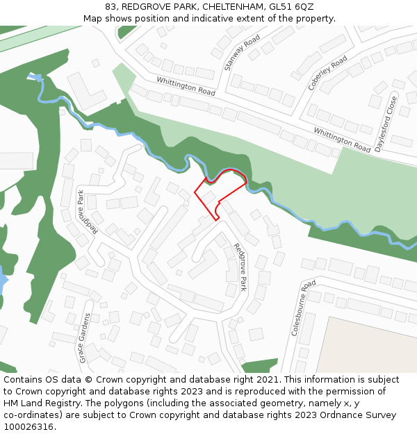 83, REDGROVE PARK, CHELTENHAM, GL51 6QZ: Location map and indicative extent of plot