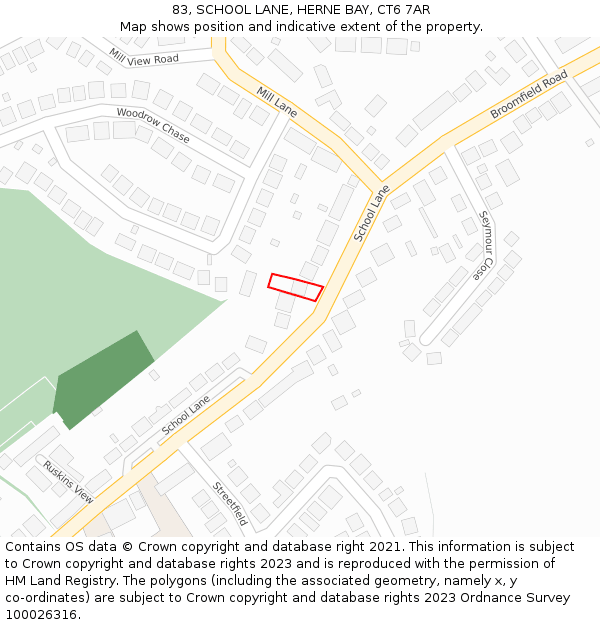 83, SCHOOL LANE, HERNE BAY, CT6 7AR: Location map and indicative extent of plot