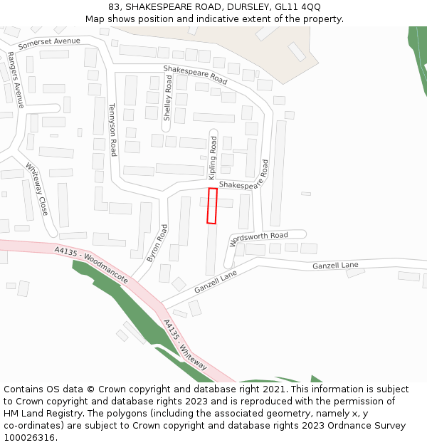 83, SHAKESPEARE ROAD, DURSLEY, GL11 4QQ: Location map and indicative extent of plot