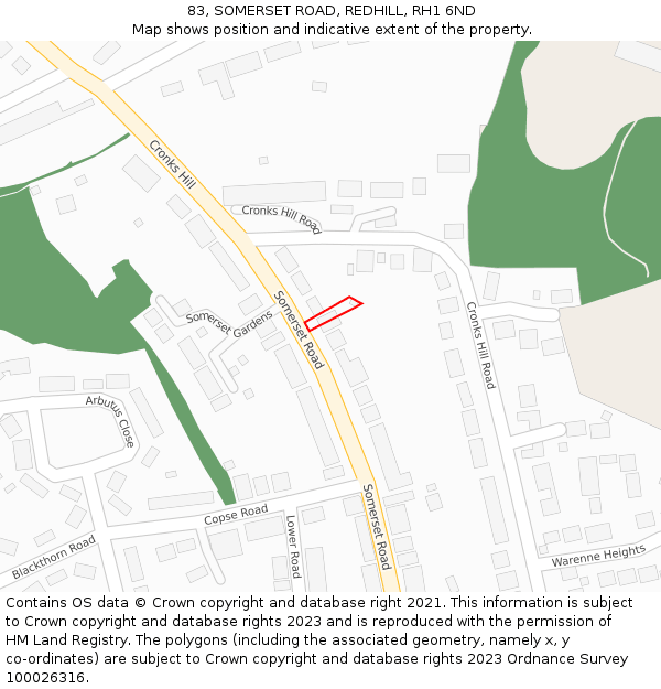 83, SOMERSET ROAD, REDHILL, RH1 6ND: Location map and indicative extent of plot