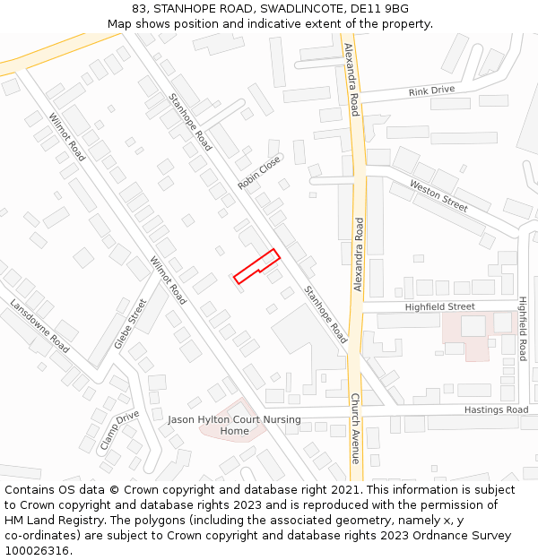 83, STANHOPE ROAD, SWADLINCOTE, DE11 9BG: Location map and indicative extent of plot