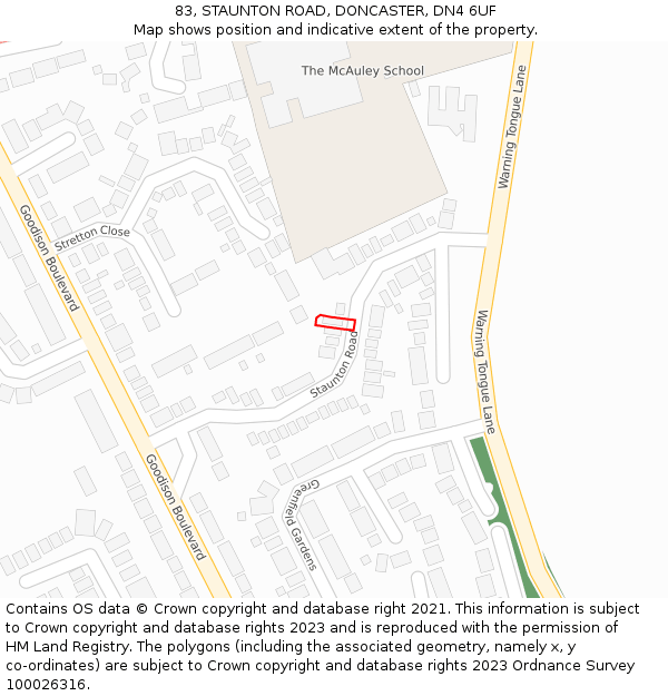 83, STAUNTON ROAD, DONCASTER, DN4 6UF: Location map and indicative extent of plot