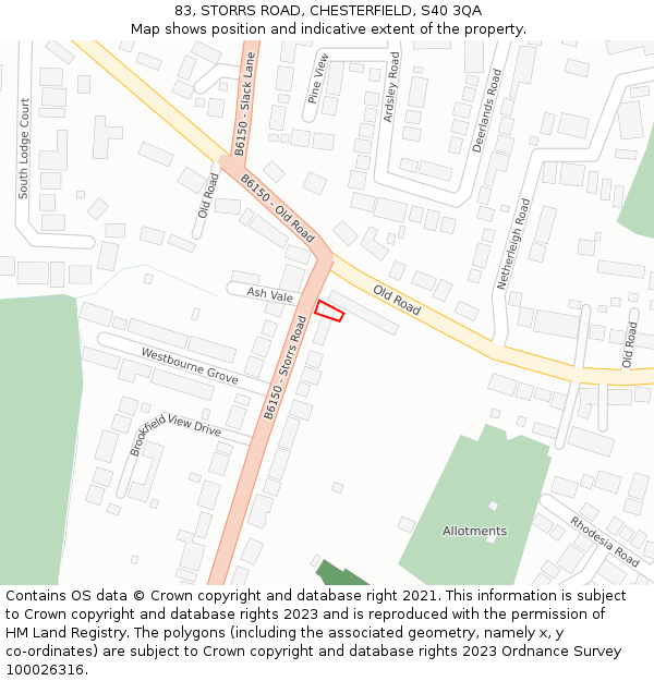 83, STORRS ROAD, CHESTERFIELD, S40 3QA: Location map and indicative extent of plot