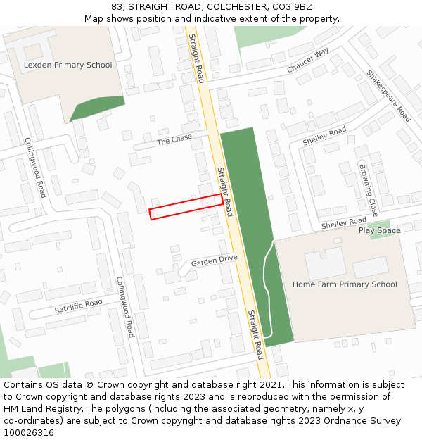 83, STRAIGHT ROAD, COLCHESTER, CO3 9BZ: Location map and indicative extent of plot