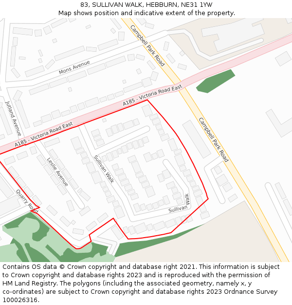 83, SULLIVAN WALK, HEBBURN, NE31 1YW: Location map and indicative extent of plot