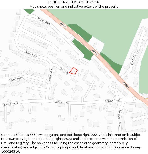 83, THE LINK, HEXHAM, NE46 3AL: Location map and indicative extent of plot