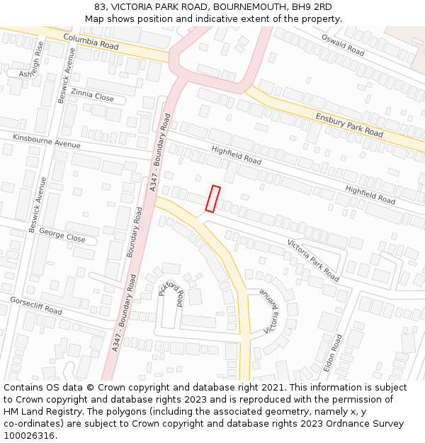 83, VICTORIA PARK ROAD, BOURNEMOUTH, BH9 2RD: Location map and indicative extent of plot