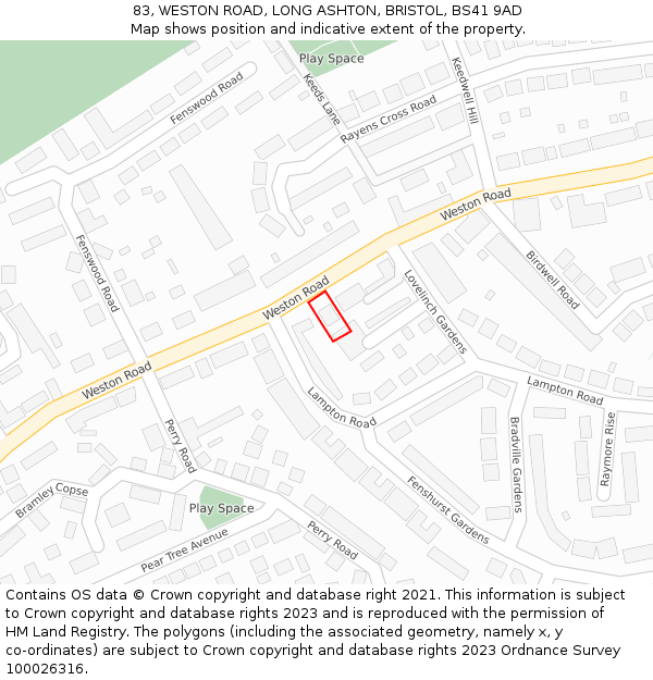 83, WESTON ROAD, LONG ASHTON, BRISTOL, BS41 9AD: Location map and indicative extent of plot