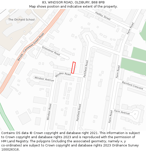 83, WINDSOR ROAD, OLDBURY, B68 8PB: Location map and indicative extent of plot